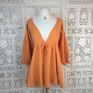 Beginning Boutique Orange Mini Dress Sz 8 Flowy V Neck Beachy Puff Sleeve